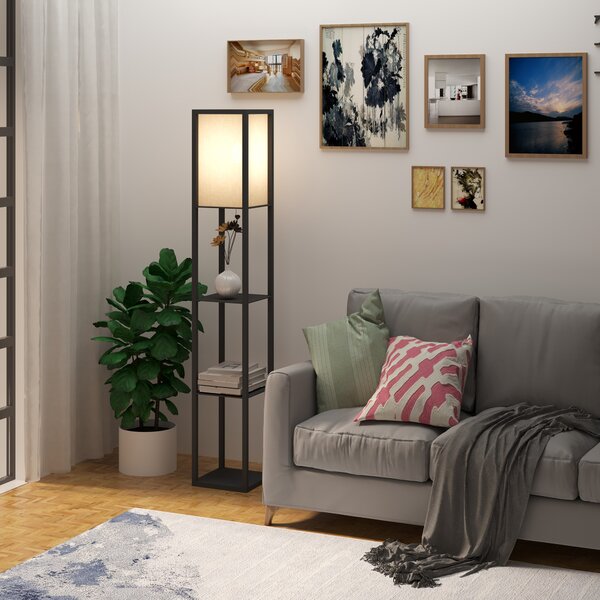 HOMCOM Lampă de podea cu rafturi pentru cărți, Design Modern, 3 Nivele, Cablu Metalic, 26x26x160cm, Negru-Alb | Aosom Romania