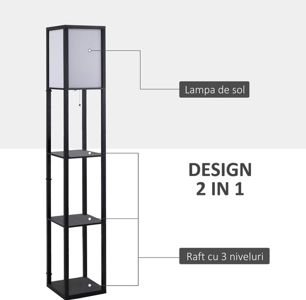 HOMCOM Lampă de podea cu rafturi pentru cărți, Design Modern, 3 Nivele, Cablu Metalic, 26x26x160cm, Negru-Alb | Aosom Romania