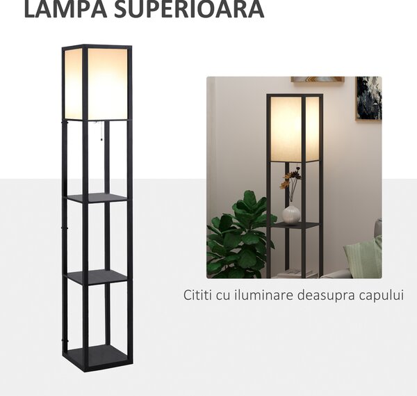 HOMCOM Lampă de podea cu rafturi pentru cărți, Design Modern, 3 Nivele, Cablu Metalic, 26x26x160cm, Negru-Alb | Aosom Romania