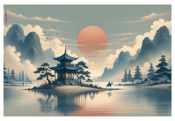 Tablou templu japonez și lac