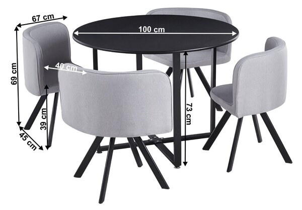 Set masa cu 4 scaune BEVAN NEW, stofa clasica/metal, gri deschis/negru
