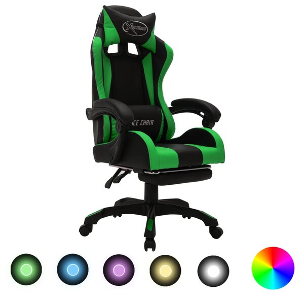 Scaun de jocuri cu LED RGB, verde și negru, piele ecologică