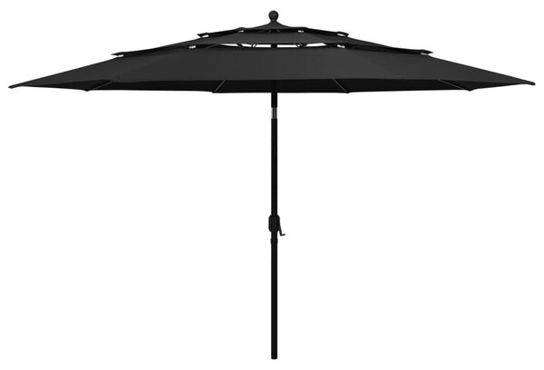 Umbrelă de soare 3 niveluri, stâlp de aluminiu, negru, 3,5 m
