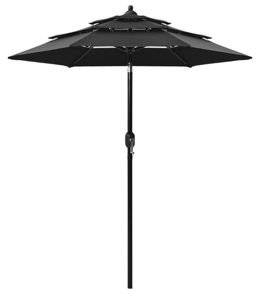 Umbrelă de soare 3 niveluri, stâlp de aluminiu, negru, 2 m