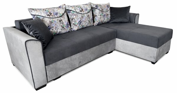 Coltar Lori, 4 locuri, cu 2 lazi de depozitare, catifea, 260x95x80 cm, culoare gri inchis cu gri deschis Dreapta, catifea, Gri Inchis + Gri Deschis
