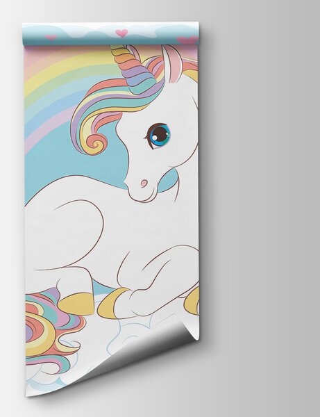 Fototapet Unicorn stând pe un nor cu curcubeu și inimi, Fototapet copii, Fototapet populare, u10971 - Tapeko.ro