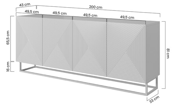 Comodă Asha 200 cm cu patru uși - negru mat / cadru negru