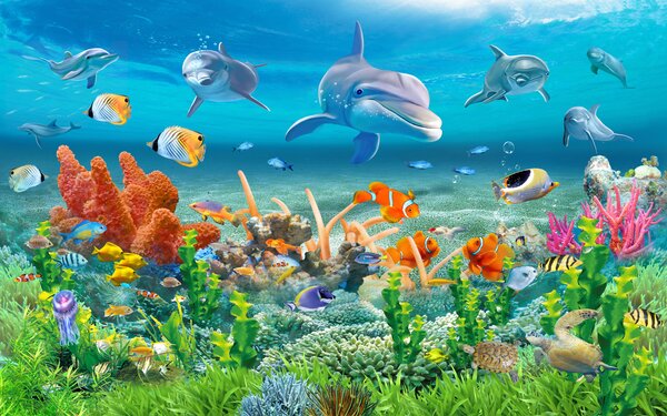 Fototapet Grup de pești și delfini înotând în ocean, Fototapet mare, Fototapet populare, u40487 - Tapeko.ro