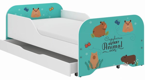 Pat complet pentru copii 140 x 70 cm cu saltea și somieră cu lamele - KAPIBARA ANIMALS