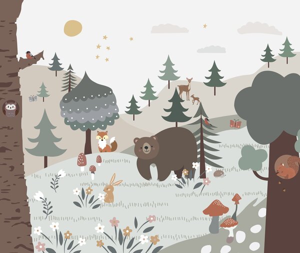 Fototapet Desen animat de un urs și iepure într-o pădure, Fototapet copii, Fototapet populare, u95366 - Tapeko.ro