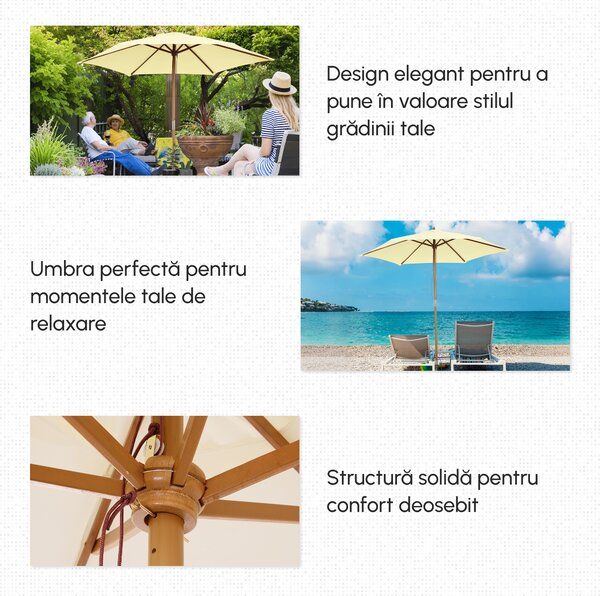Outsunny Umbrelă de Soare pentru Grădină cu Suport din Lemn, Design Elegant, 2.5x2.3m, Crem, Protecție UV | Aosom Romania