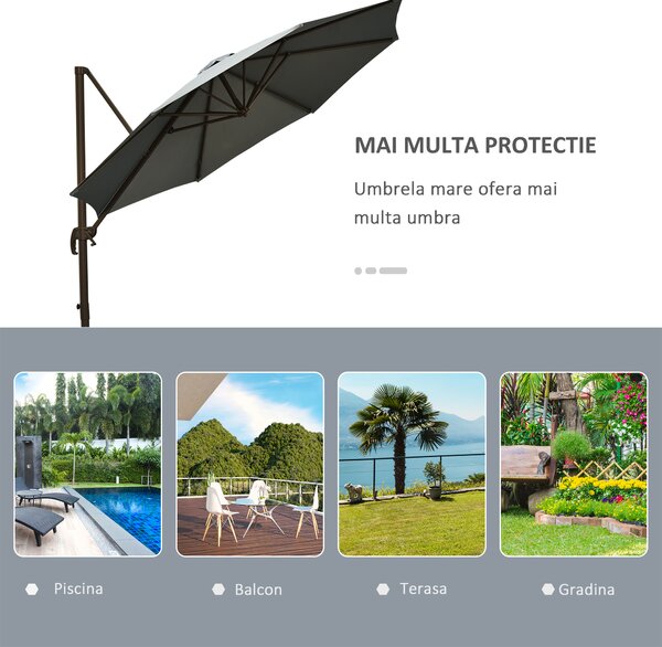 Outsunny Umbrel de Gradină cu Manivelă cu Înclinare Reglabilă, Umbrelă cu Braț și Stinghii, Ø2.95x2.5 m, Gri | Aosom Romania