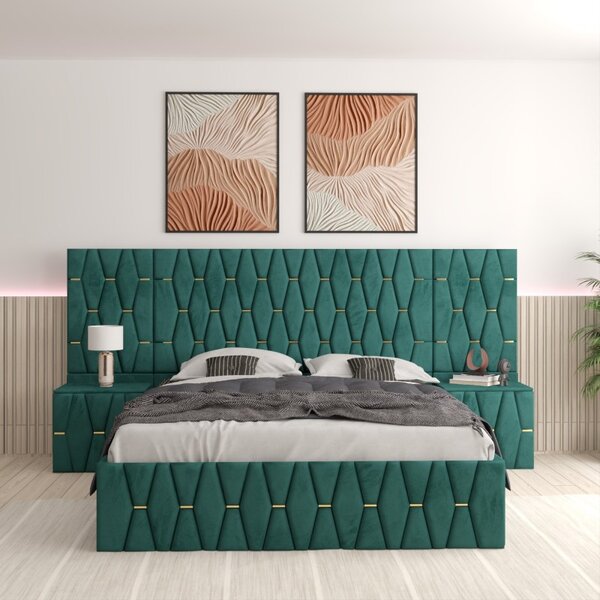 Pat Tapitat ANA Verde Cu Extensii Si Noptiere Tapitate 140x200 | FAVI.ro