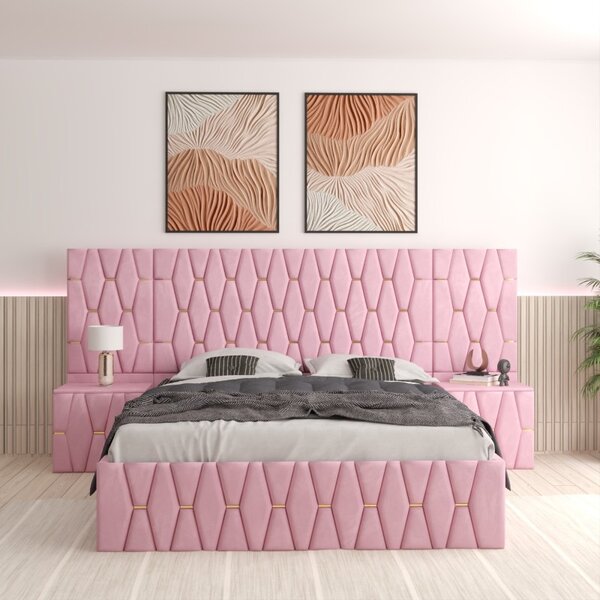 Pat Tapitat ANA Roz Cu Extensii Si Noptiere Tapitate 140x200