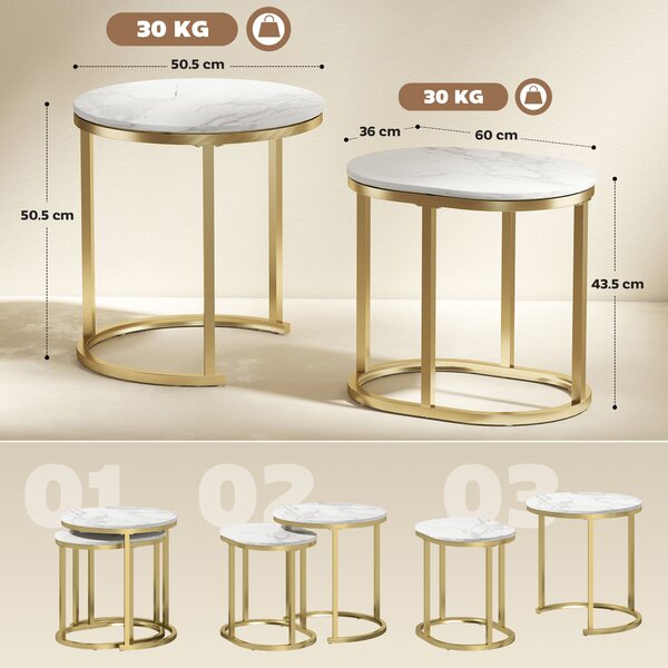 HOMCOM Set 2 Măsuțe de Cafea cu Blat cu Efect de Marmură din MDF și Oțel, Ø50x50.5 cm și 60x36x43.5 cm, Alb și Auriu | Aosom Romania