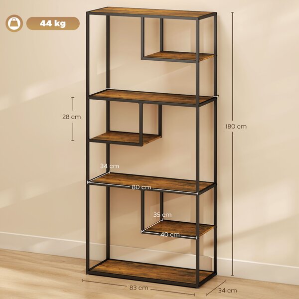 HOMCOM Bibliotecă Mobilă cu 7 Nivele din Lemn și Oțel în Stil Industrial, 83x34x180 cm, Maro | Aosom Romania