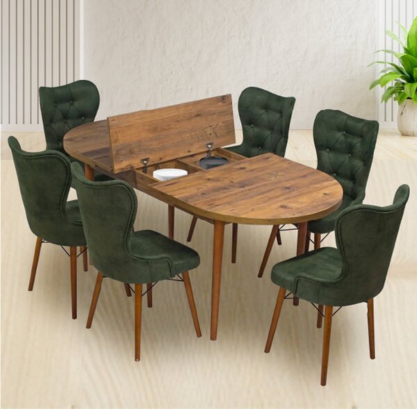 Set Masa si Scaun Oval, Elegant, Bucatarie, Living, Cafenea, Masa Extensibila si Recipient de Depozitare Pine 80 x 130-170 cm, VerdeTextile -Desire Furniture
