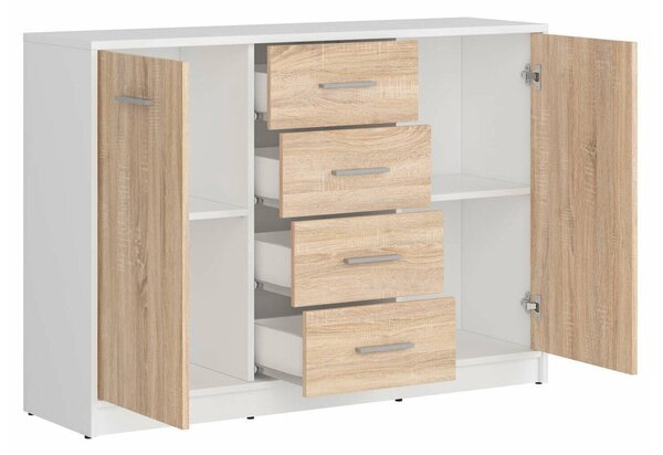 Comodă Novsore 118, Stejar Sonoma, Alb, PAL laminat, 84x119x34cm, 42.1 kg