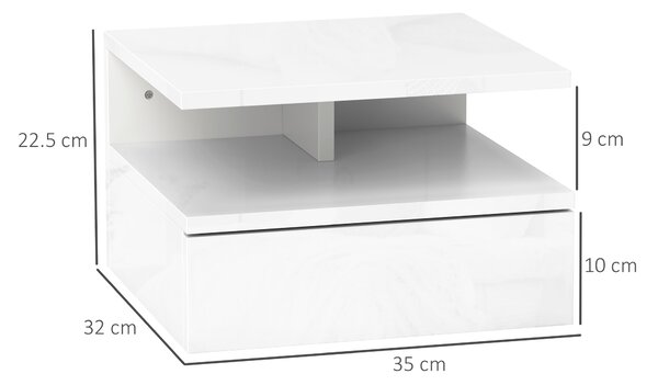HOMCOM Set de 2 Noptiere Suspendate cu Sertar și Raft Superior din Lemn, 35x32x22.5 cm, Alb Lucios | Aosom Romania