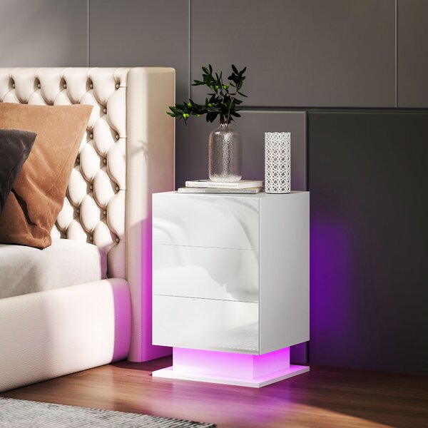 HOMCOM Noptieră cu Lumini LED Reglabile, 3 Sertare și Telecomandă, 40x35x60 cm, Alb | Aosom Romania