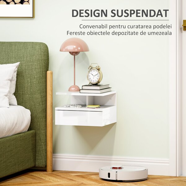HOMCOM Set de 2 Noptiere Suspendate cu Sertar și Raft Superior din Lemn, 35x32x22.5 cm, Alb Lucios | Aosom Romania