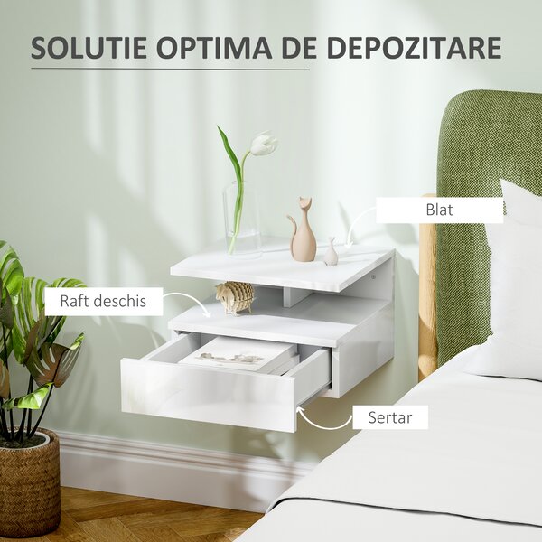 HOMCOM Set de 2 Noptiere Suspendate cu Sertar și Raft Superior din Lemn, 35x32x22.5 cm, Alb Lucios | Aosom Romania