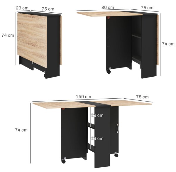 HOMCOM Masă Pliabilă pentru 4-6 Persoane, cu 2 Roți, Masă Rabatabilă cu 2 Rafturi pentru Depozitare, 140x75x74 cm, Negru | Aosom Romania