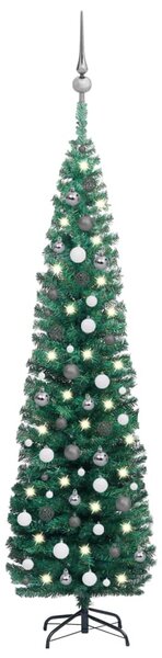 Brad Crăciun artificial pre-iluminat, set globuri, verde 210 cm