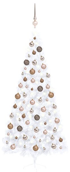 Jumătate brad Crăciun pre-iluminat cu set globuri, alb, 240 cm