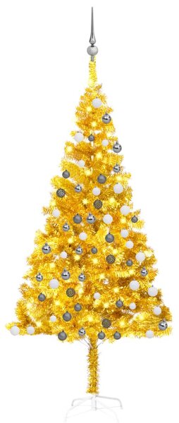 Brad Crăciun pre-iluminat cu set globuri, auriu, 180 cm, PET