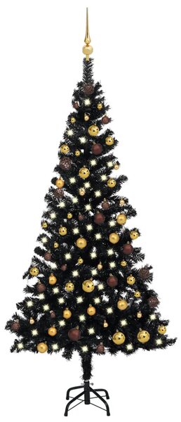 Brad Crăciun pre-iluminat cu set globuri, negru, 180 cm, PVC