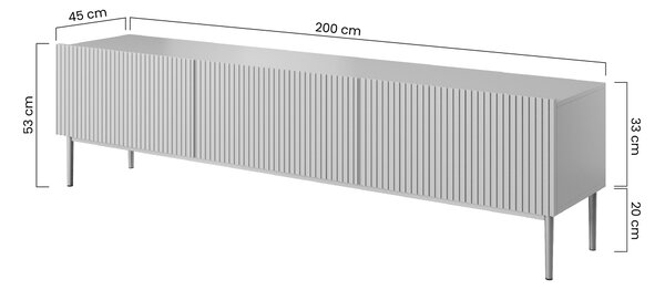 Comodă TV Nicole 200 cm cu picioare metalice, cu sertar - alb mat / picioare aurii