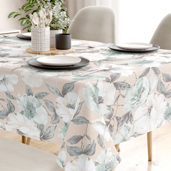 Goldea față de masă decorativă loneta - flori albe și salvie cu frunze 120 x 160 cm
