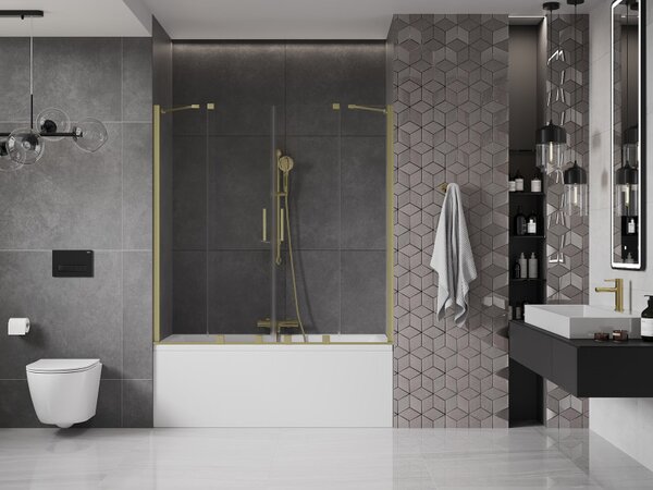 Mexen Velar Duo, paravan de baie glisant cu 2 aripi 140 x 150 cm, sticlă transparentă de 8 mm, profil auriu mat, 896-140-000-02-55