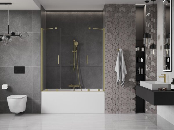 Mexen Velar Duo, paravan de baie glisant cu 2 aripi 140 x 150 cm, sticlă transparentă de 8 mm, profil auriu mat, 896-140-000-02-55