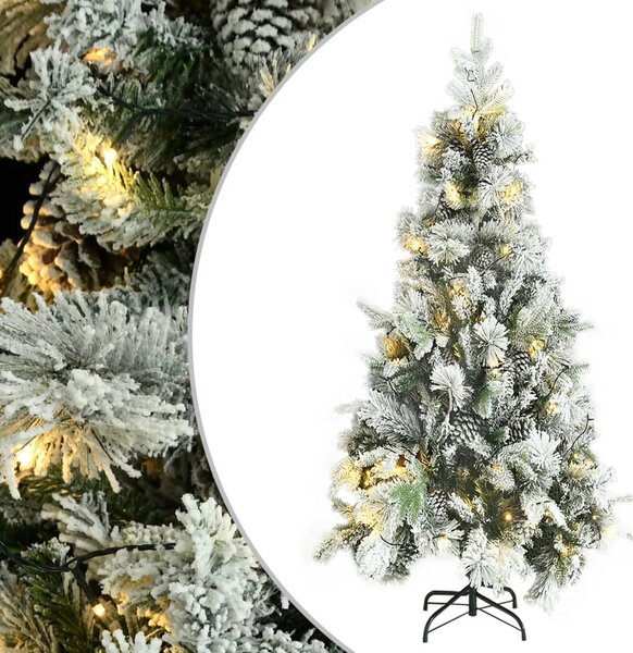 Brad de Crăciun pre-iluminat cu zăpadă & conuri, 225 cm, PVC&PE