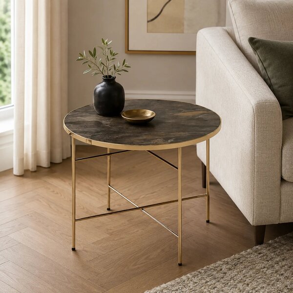 Masuta Isabelle, negru cu efect de marmura/bej, sticla/otel, 60x60x45