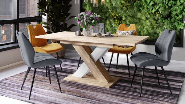 Mazzoni KARO Stejar Sonoma/Alb Mat – MASĂ/MĂSUȚĂ CAFEA MODERNĂ CU BLAT EXTENSIBIL până la 180 cm