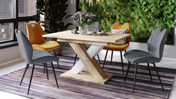Mazzoni KARO Stejar Sonoma/Alb Mat – MASĂ/MĂSUȚĂ CAFEA MODERNĂ CU BLAT EXTENSIBIL până la 180 cm