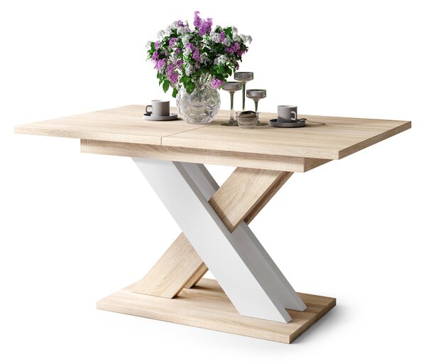 Mazzoni KARO Stejar Sonoma/Alb Mat – MASĂ/MĂSUȚĂ CAFEA MODERNĂ CU BLAT EXTENSIBIL până la 180 cm