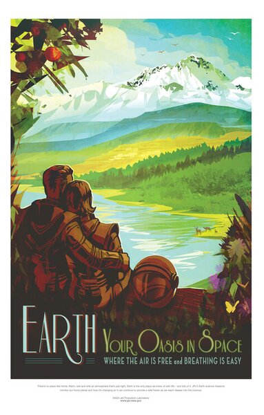 Ilustrație Earth (Retro Planet & Moon Poster) - Space Series (NASA), (26.7 x 40 cm)