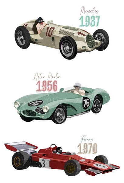 Ilustrație Vintage Racecars, Goed Blauw, (30 x 40 cm)