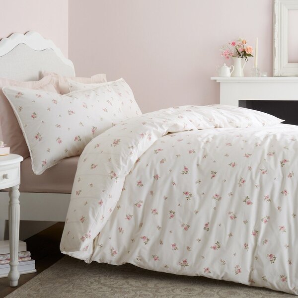 Lenjerie de pat crem din bumbac percal pentru pat dublu cu 3 piese 200x200 cm Vintage Rosebud Lace – Bianca