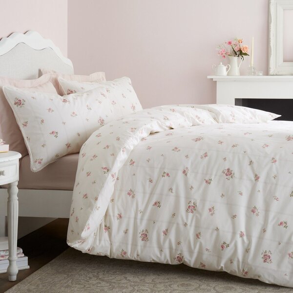 Lenjerie de pat crem din bumbac percal pentru pat dublu cu 3 piese 200x200 cm Vintage Rosebud Lace – Bianca