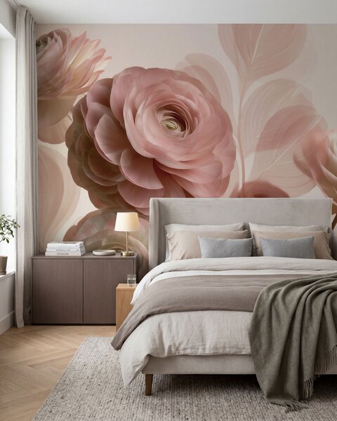 Tapet Flori voluminoase de ranunculus de culoare roz pudră, cu petale translucide în nuanțe delicate de, Imagini de fundal unice, w09998 : Uwalls.ro