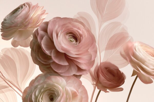 Tapet Flori voluminoase de ranunculus de culoare roz pudră, cu petale translucide în nuanțe delicate de, Imagini de fundal unice, w09998 : Uwalls.ro