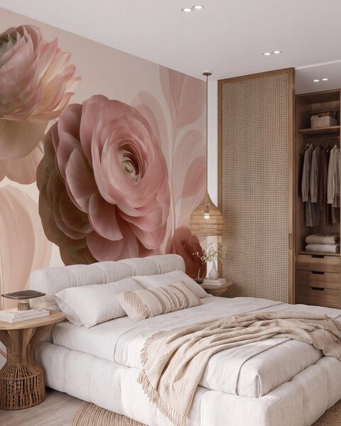 Tapet Flori voluminoase de ranunculus de culoare roz pudră, cu petale translucide în nuanțe delicate de, Imagini de fundal unice, w09998 : Uwalls.ro