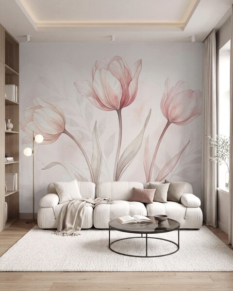 Tapet Lalele delicate în stil acuarelă, Fototapet Flori, w10005 : Uwalls.ro