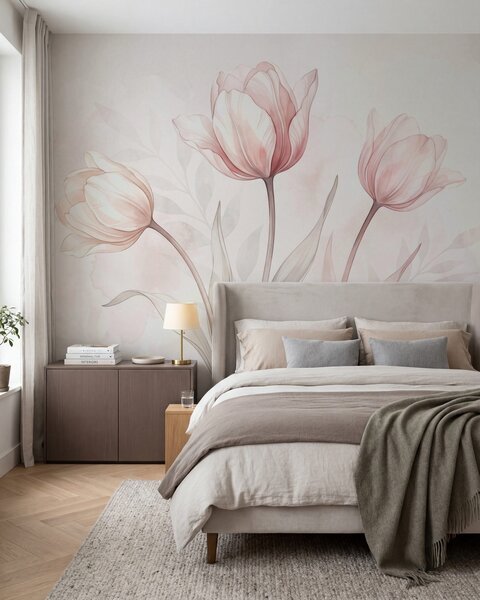 Tapet Lalele delicate în stil acuarelă, Fototapet Flori, w10005 : Uwalls.ro