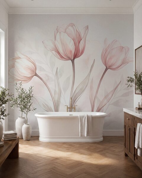 Tapet Lalele delicate în stil acuarelă, Fototapet Flori, w10005 : Uwalls.ro
